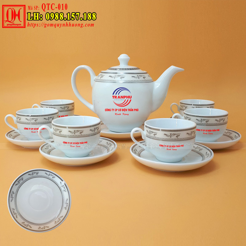 Bộ ấm chén sứ hoa văn trống đồng in logo Bộ ấm chén hoa văn trống đồng in logo
