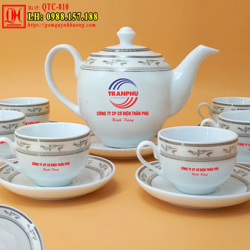Bộ ấm chén sứ hoa văn trống đồng in logo - Ảnh 2
