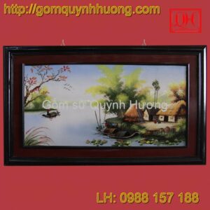 Tranh gốm sứ Bát Tràng - Cảnh đồng quê-Khung kép