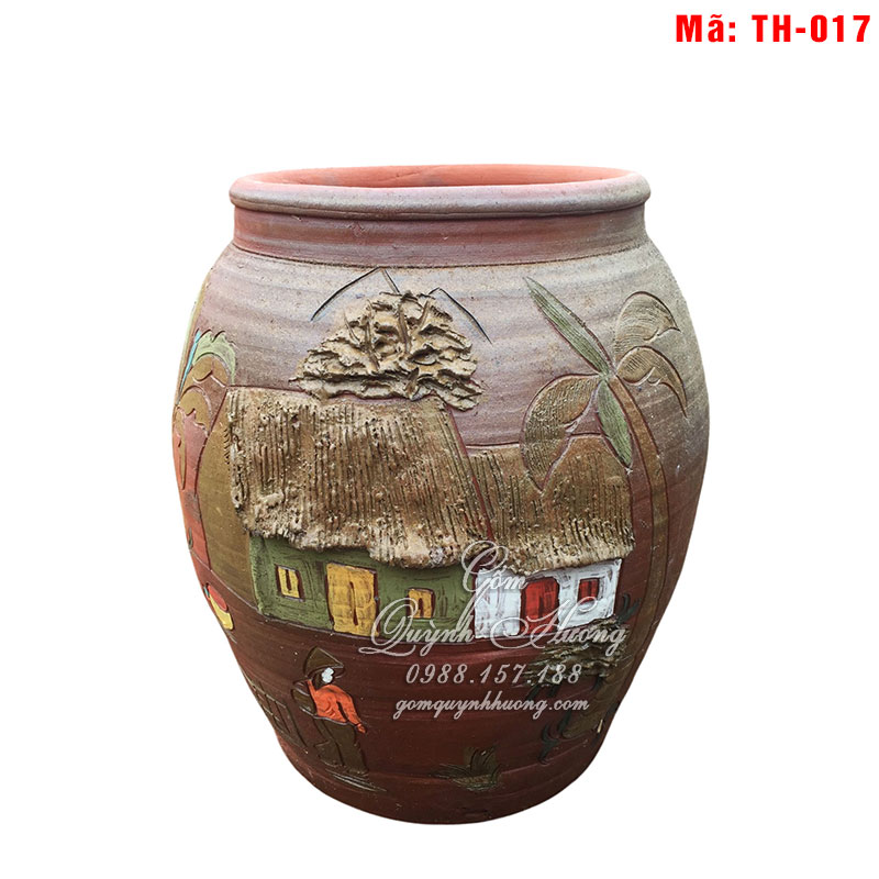 Chum đựng nước đắp nổi cảnh đồng quê TH-017