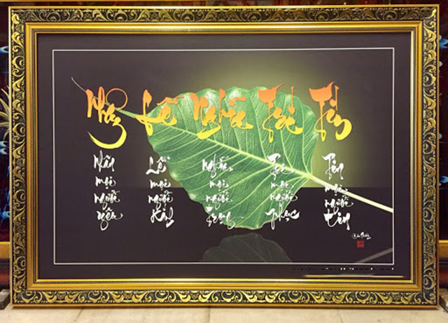tranh thêu thư pháp chữ Nhân - Lễ - Nghĩa - Trí - Tín
