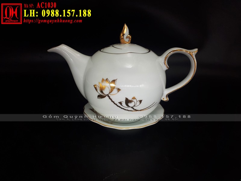 Ấm trà trắng gốm sứ Bát Tràng mạ sen vàng mã AC1030 - Ảnh 2