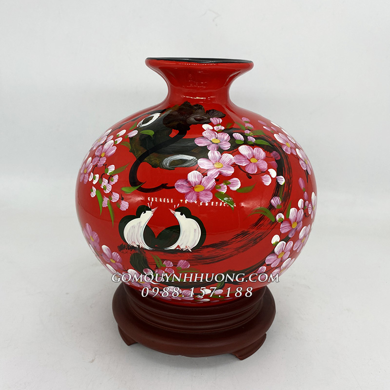 Bình hút tài lộc sơn mài chim đào đỏ