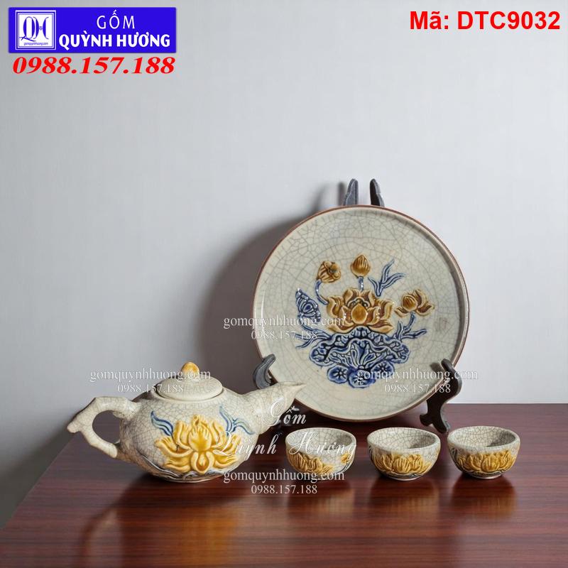 Bộ ấm chén cúng - Báo giá Bộ đồ thờ Men Rạn đắp nổi mã DTC9032