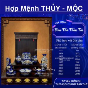 Bộ đồ thờ Ban Thần Tài Gốm sứ Bát Tràng cho mệnh Thủy - Mộc