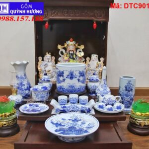Bộ Đồ Thờ Ban Thần Tài Sứ Bát Tràng Men Lam Xanh mã DTC9018