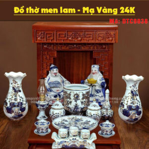 Bộ Đồ Thờ Men Lam Vẽ Vàng 24K Cao Cấp mã DTC9038