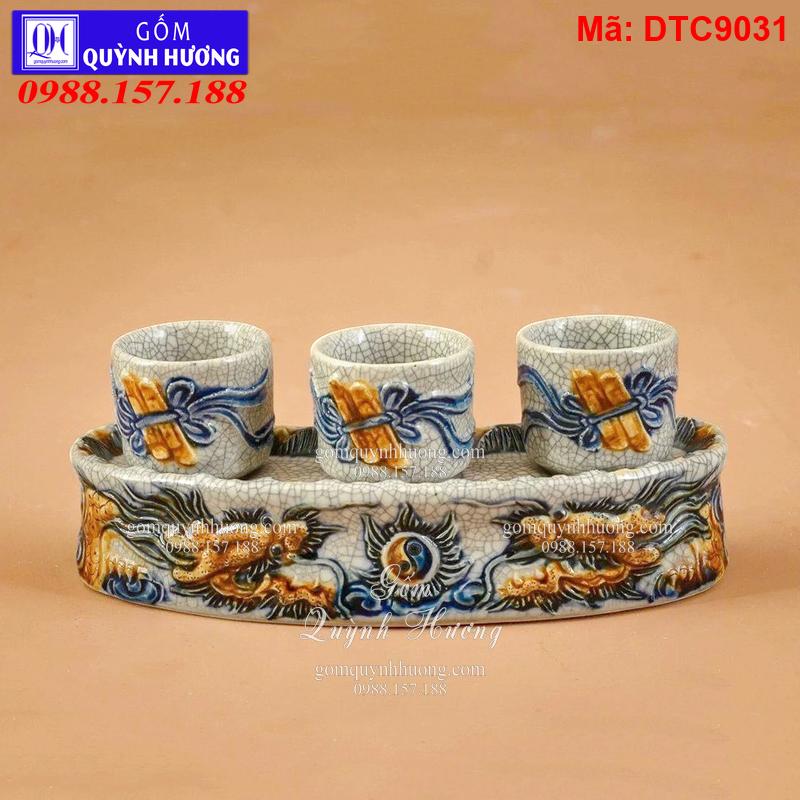 Kỷ thờ 3 chén - Bộ đồ thờ cho bàn thờ Tài Địa men rạn đắp nổi mã DTC9031