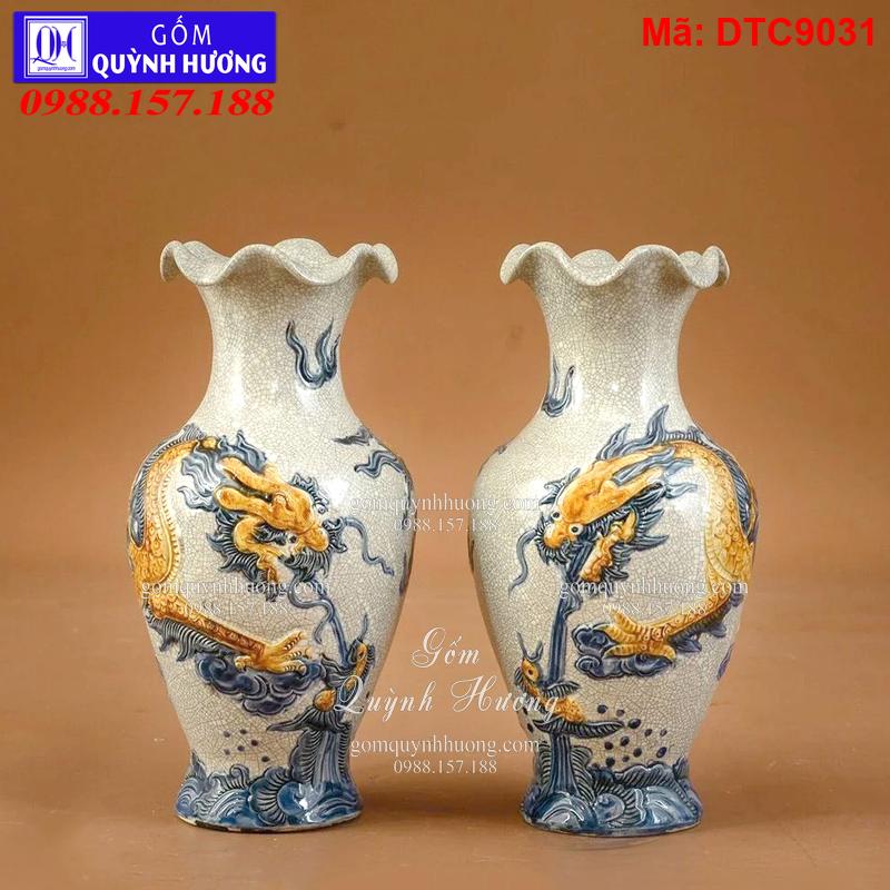 Lục bình - Bộ đồ thờ cho bàn thờ Tài Địa men rạn đắp nổi mã DTC9031