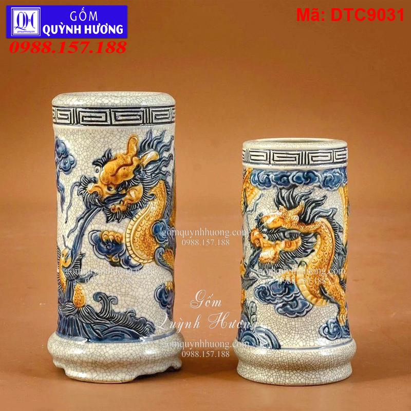 Ống hương - Bộ đồ thờ cho bàn thờ Tài Địa men rạn đắp nổi mã DTC9031