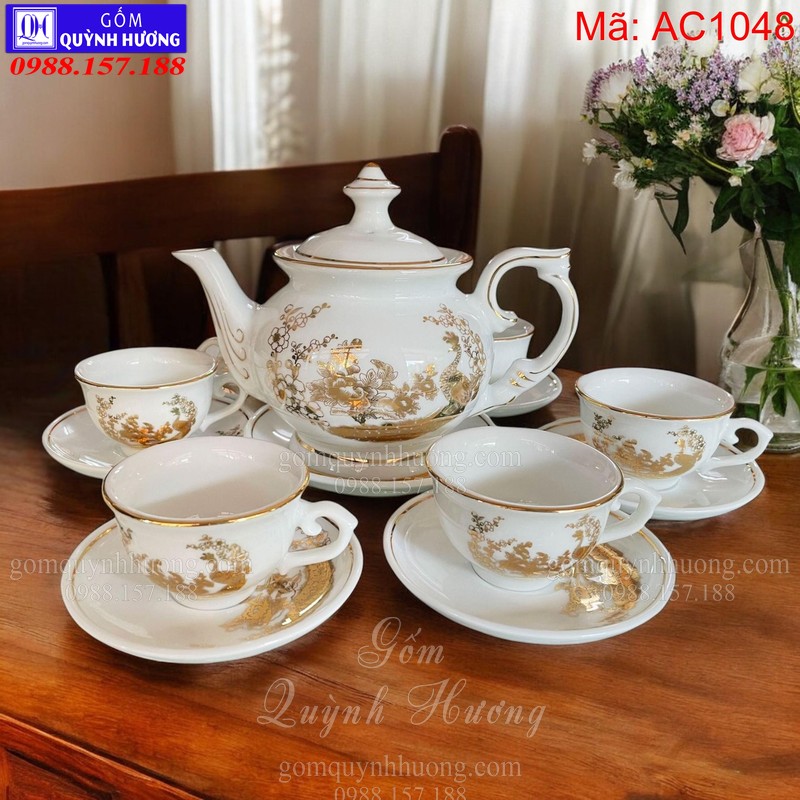 Bộ ấm chén đẹp sứ trắng mạ vàng mã AC1048