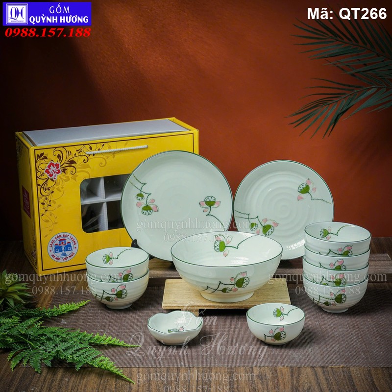 Bộ đồ ăn 11 món vẽ sen đài làm quà tặng mã QT266 Bộ đồ ăn 11 món vẽ sen đài làm quà tặng mã QT266