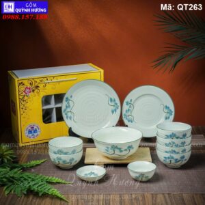 Bộ quà tặng 11 món bát đĩa vẽ sen xanh mã QT263