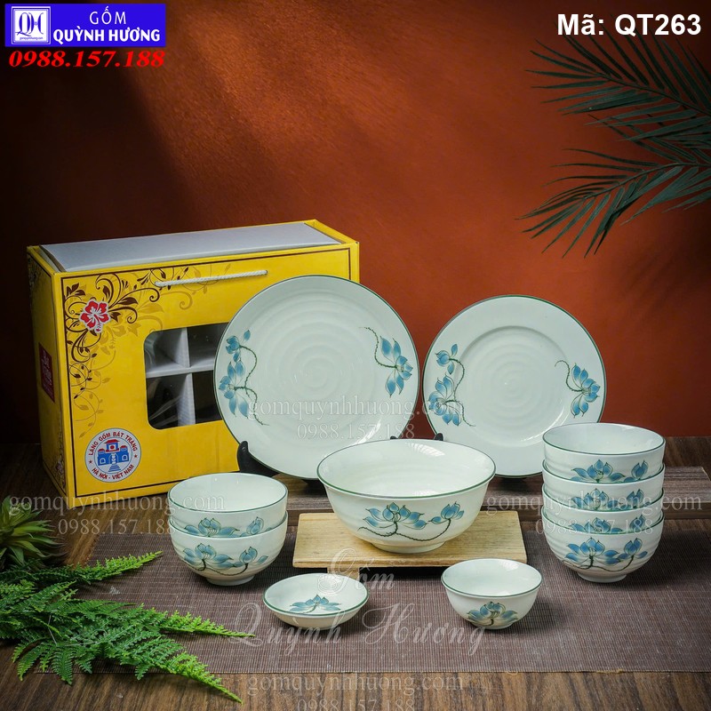 Bộ quà tặng 11 món bát đĩa vẽ sen xanh mã QT263 Bộ quà tặng 11 món bát đĩa vẽ sen xanh mã QT263