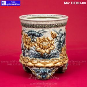 Bát hương Bát Tràng men rạn đắp nổi cảnh Sen mã DTBH-08