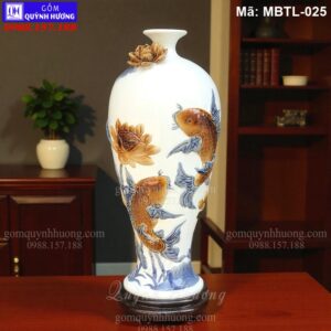 Mai bình tích lộc gốm sứ đắp nổi cảnh Sen Cá nền màu Trắng mã MBTL-025