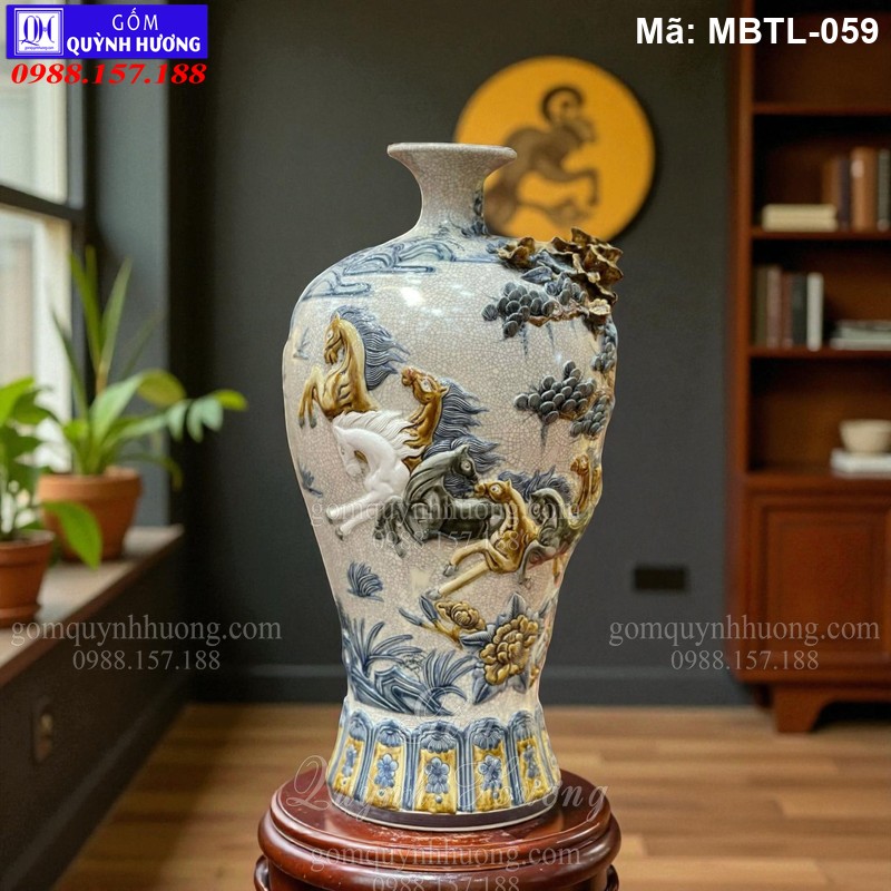 Mai bình tích lộc men rạn đắp nổi cảnh Bát Mã mã MBTL-059 Mai bình tích lộc men rạn đắp nổi cảnh Bát Mã mã MBTL-059