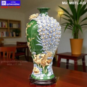 Mai bình tích lộc phong thủy đắp nổi Công Đào nền màu Xanh Lục mã MBTL-023