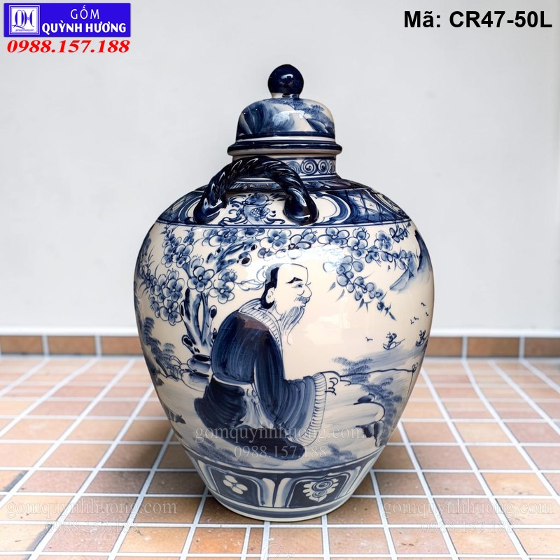 Chum đựng rượu 50 lít men Lam vẽ cảnh Lã Vọng Câu Cá mã CR47-50L