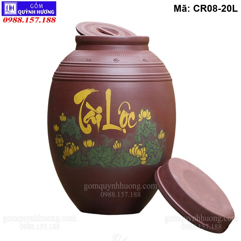 Chum rượu 20 lít chữ Tài Lộc mẫu 2 nắp Bát Tràng CR08-20L hoa sen
