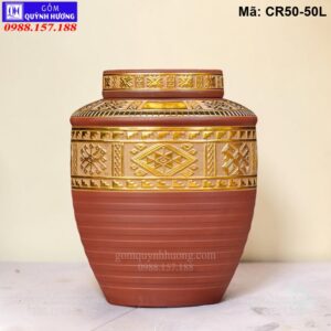 Chum sành 50 lít hoa văn thổ cẩm dát vàng mã CR50-50L