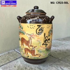 Chum sành ngâm rượu 50l Bát Tràng men màu vẽ cảnh Tùng Hươu mã CR23-50L